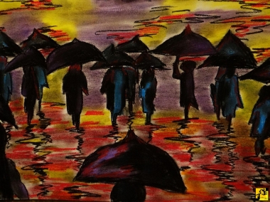Pod parasolami.